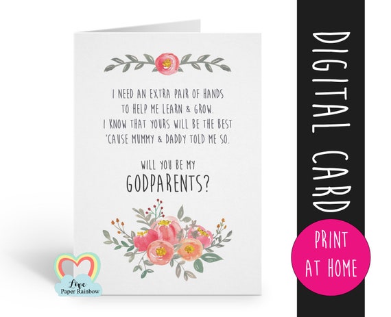 PRINTABLE will you be my godparents card, godparents card, printable godparents card, godparents poem, floral, i need an extra pair of hands