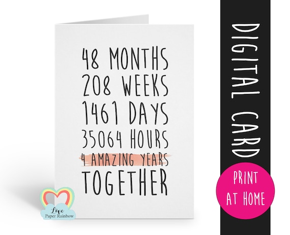 PRINTABLE 4th wedding anniversary card, 4th anniversary card, 4 years together, 4 amazing years, lesbian anniversary card, gay anniversary