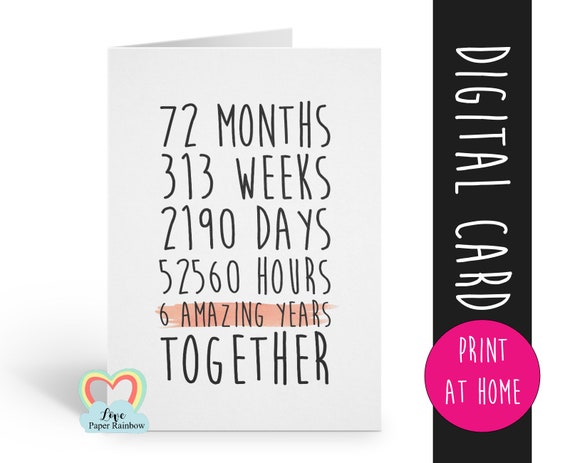 PRINTABLE 6th anniversary card, 6th wedding anniversary card, 6 years together, 6 amazing years, gay anniversary card, lesbian anniversary