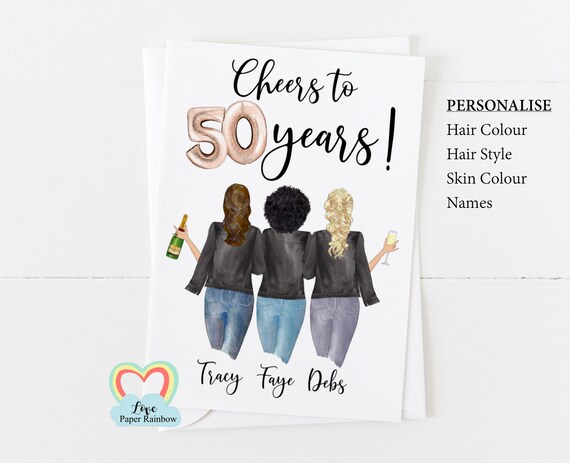 best friend 50th birthday card, personalised 50th birthday card, cheers to 50 years, personalised best friend birthday card, 3 best friends