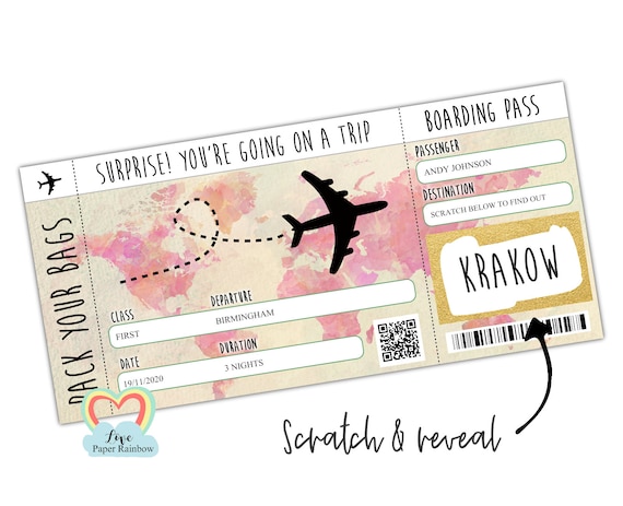 surprise trip scratch card birthday gift boarding pass holiday anniversary gift for her Krakow boarding pass plane ticket disneyland