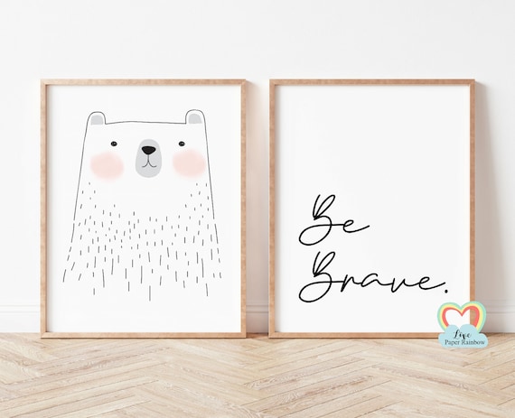 be brave nursery print, bear nursery print, black and white nursery prints, nursery quote, baby girl gift, be brave bear, simple nursery art