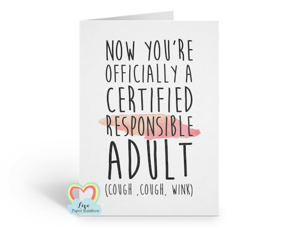 18th birthday card, funny 18th birthday card, certified responsible adult, 21st birthday card, funny 21st card, sarcastic birthday card