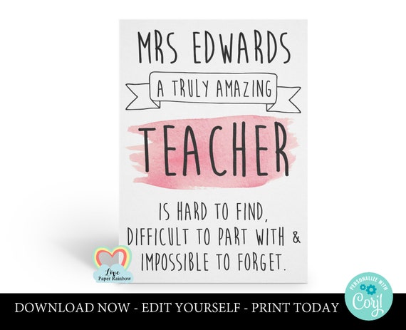 personalized teacher card printable teacher retirement instant download a truly amazing teacher is hard to find difficult to forget