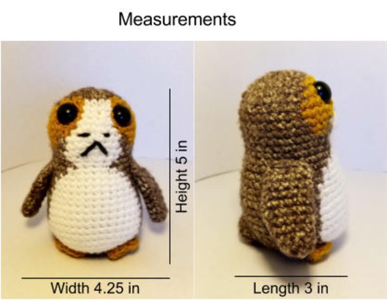 May include: A crocheted stuffed toy resembling a bird with brown, white, and orange colours. It measures 5 inches tall, 4.25 inches wide, and 3 inches long.