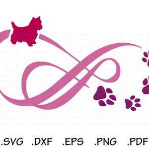May include: Pink infinity symbol with four purple paw prints and a pink silhouette of a dog on top.  .SVG .DXF .EPS .PNG .PDF