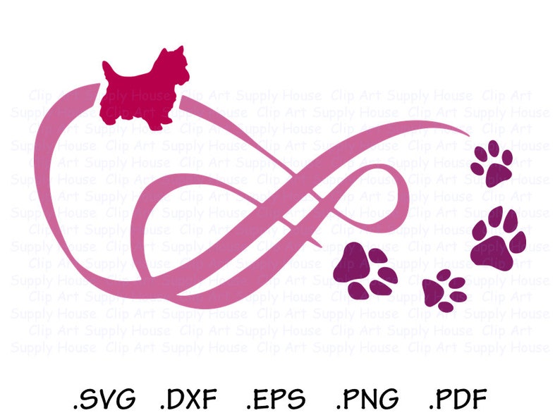 May include: Pink infinity symbol with four purple paw prints and a pink silhouette of a dog on top.  .SVG .DXF .EPS .PNG .PDF