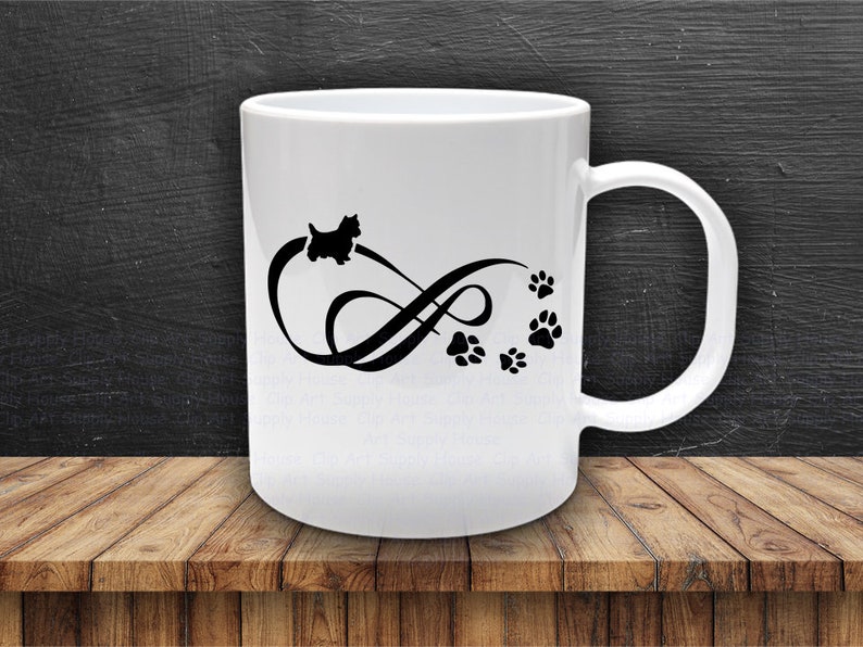 May include: White ceramic mug with a black silhouette of a dog and paw prints in an infinity symbol design.