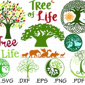 Puede incluir: Una colección de diseños gráficos con temática de árboles, que incluye varias ilustraciones de árboles y el texto "Tree of Life". Los diseños presentan diversos estilos, colores y formatos, como SVG, DXF, EPS, PNG y PDF.