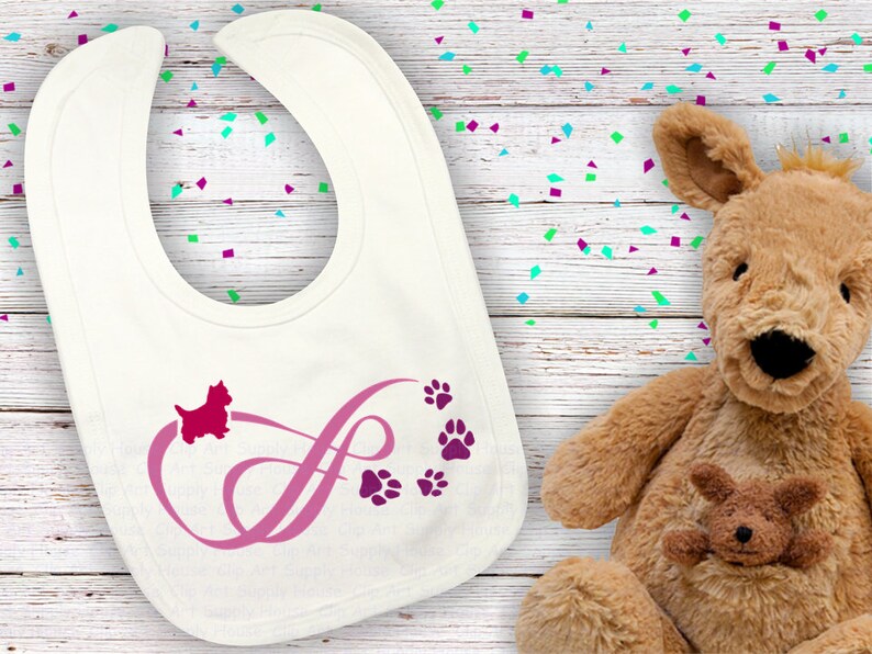 May include: White baby bib with a pink infinity symbol and paw prints. A small red dog silhouette is on top of the infinity symbol.