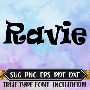 May include: A digital download of a black and white graphic design featuring the name "Ravie" in a whimsical font. The design is set against a watercolor background of blue, purple, and pink.