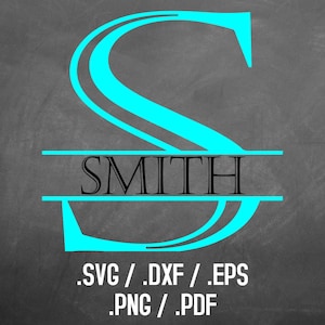 May include: A turquoise blue letter S with a black banner underneath that reads "SMITH". The design is on a dark grey background. The text below the banner reads ".SVG / .DXF / .EPS .PNG / .PDF"