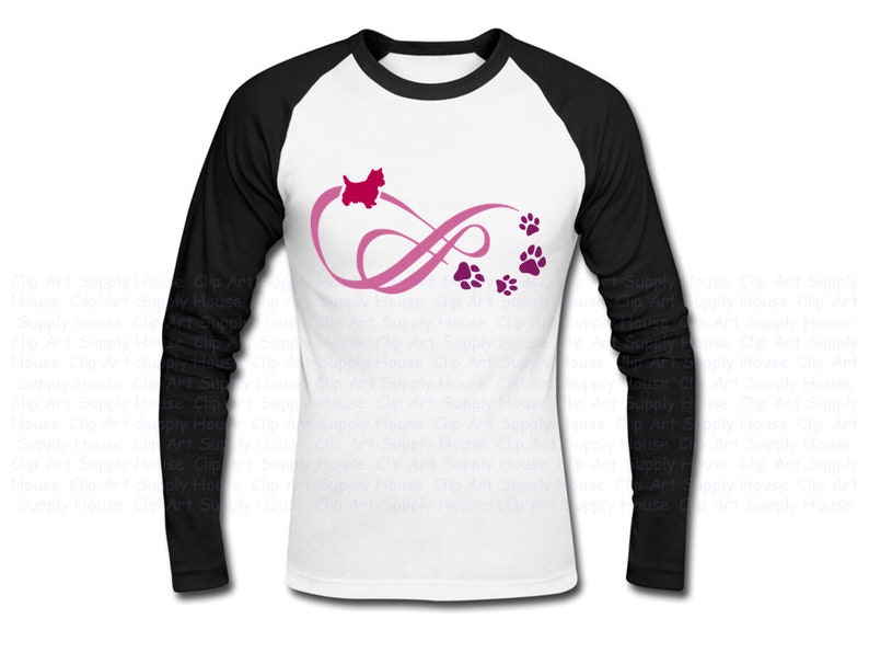 May include: A white and black baseball t-shirt with a pink infinity symbol and a red silhouette of a dog. The infinity symbol is decorated with paw prints.