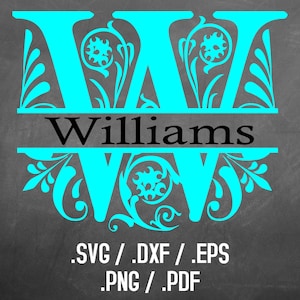 May include: A turquoise blue monogram initial "W" with decorative flourishes and the name "Williams" in black text. The design is on a dark gray background with the file types "SVG, DXF, EPS, PNG, PDF" listed below.