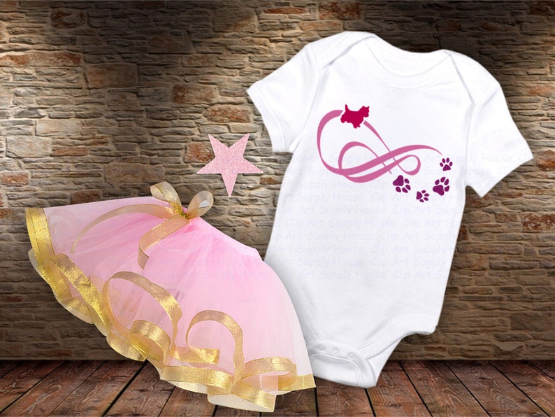May include: A pink tulle tutu with a gold ribbon trim and a white onesie with a pink and purple infinity symbol with a dog silhouette and paw prints.