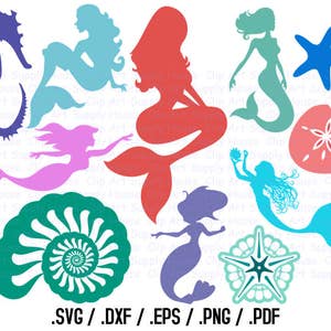 Puede incluir: Una descarga digital de 10 archivos SVG de siluetas de sirenas. Las siluetas son de varios colores, incluyendo azul, verde, rosa, rojo y morado. Las siluetas incluyen sirenas, conchas marinas, estrellas de mar y una concha de nautilus.