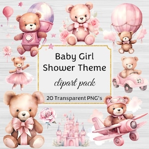Baby Girl PNG Watercolor Clipart Bundle Collection, Birthday Girl Party Invitation Elements, Baby Pink Bear Shower, Sublimation Download