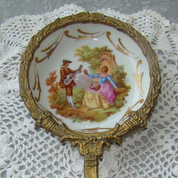 Porcelaine De France - Limoges - Unique Ornate Brass and Porcelain Handled Dresser Tray - Hand Painted Courting Couple