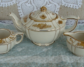 Sadler - 3 Piece (plus lid) Vintage English Teapot plus Creamer and Sugar Bowl - Gold Bordered Ribs, Gold Roses and Trim - Repaired Creamer