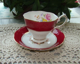 Royal Albert Crown China - Vintage Tea Cup and Saucer - Red Band with Floral Center