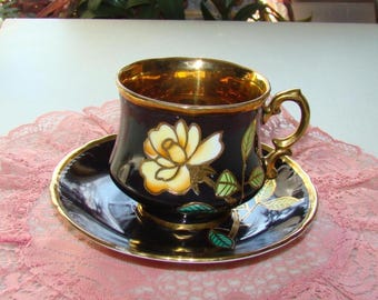 Japan made - Black and Gold Relief Hand Painted Flower