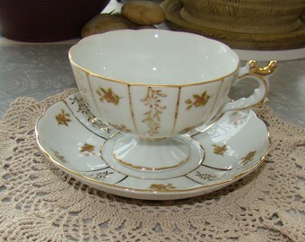Made in Japan - Hand Painted - Vintage Pedestal Tea Cup and Saucer - Small Roses
