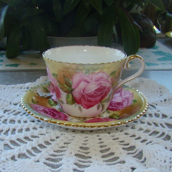 Very Rare!! - Beaded Aynsley - 4 Large Cabbage Roses - Vintage Tea Cup and Saucer - Bone China England