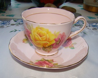 Colclough - Bone China Made in England - Vintage Tea Cup and Saucer - Large Pink and Yellow Cabbage Roses on a Pink Background