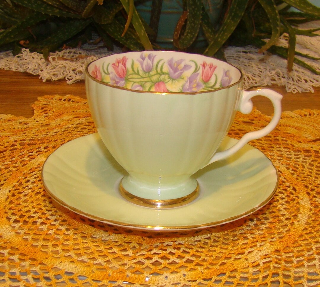 Royal Grafton Fine Bone China Made in England Vintage Tea Cup and Saucer Ribbed, Pale Green