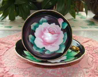 Made in Japan - Hand Painted Vintage - Black with Large Pink Rose