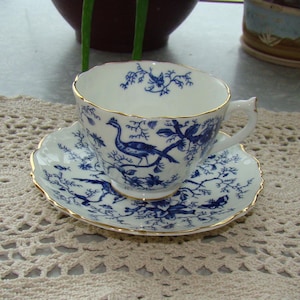 Coalport &quot;Cairo&quot; - Bone China Made in England - Vintage Tea Cup and Saucer - Embossed Edging - Blue Birds and Vines