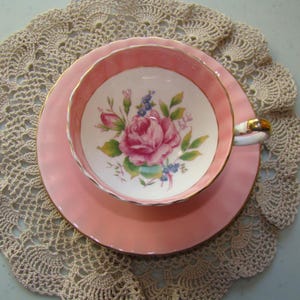 Aynsley - Vintage Tea Cup and Saucer - Pink Band with Large Pink Cabbage Rose - Bone China England