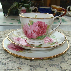 American Beauty Trio by Royal Albert - Bone China England - Tea Cup, Saucer and Sideplate - Large Pink Cabbage Roses with Brushed Gold Trim