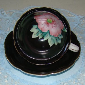 Shafford Japan Hand Decorated Bone China - Vintage Tea Cup and Saucer - Black with Large Pink Flower