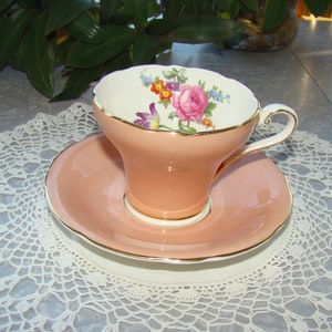 Aynsley - English Bone China - Vintage Tea Cup and Saucer - Dusty Pink, Cabbage Rose and Various Flowers