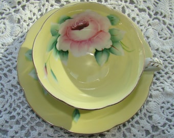 Japan - Hand Painted - Large Pink Rose and Leaves on a Black Background
