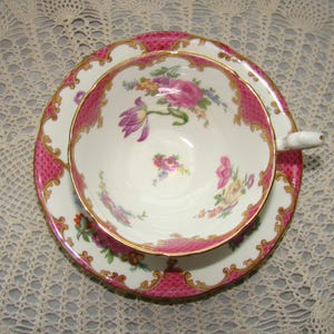 Aynsley - Vintage Tea Cup and Saucer - Bone China England - Pink and Tan Border with Various Flowers