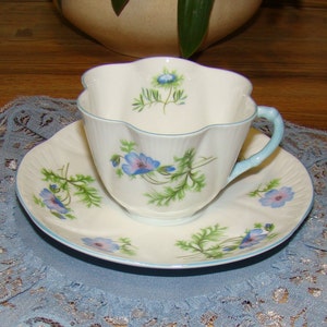 Shelley Dainty - Blue, Pink Flowers with Blue Handle and Trim - Vintage Tea Cup and Saucer - Fine Bone China England