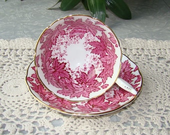Coalport Bone China Teacup and Saucer (8747) Maroon Red and Gold