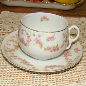 R K G Czechoslovakia Vintage Tea Cup and Saucer - Hand Painted Pink Roses Swags