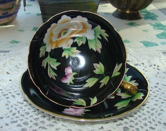 Made in Occupied Japan Chugai - Hand Painted - Black with Large Flower