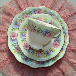 Cornflower Trio - Foley - Bone China England - Vintage Tea Cup, Saucer and Dessert Plate - Green Band with Blue and Pink Cornflowers