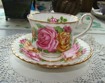 Grosvenor China England - Large Pink and Yellow Cabbage Roses
