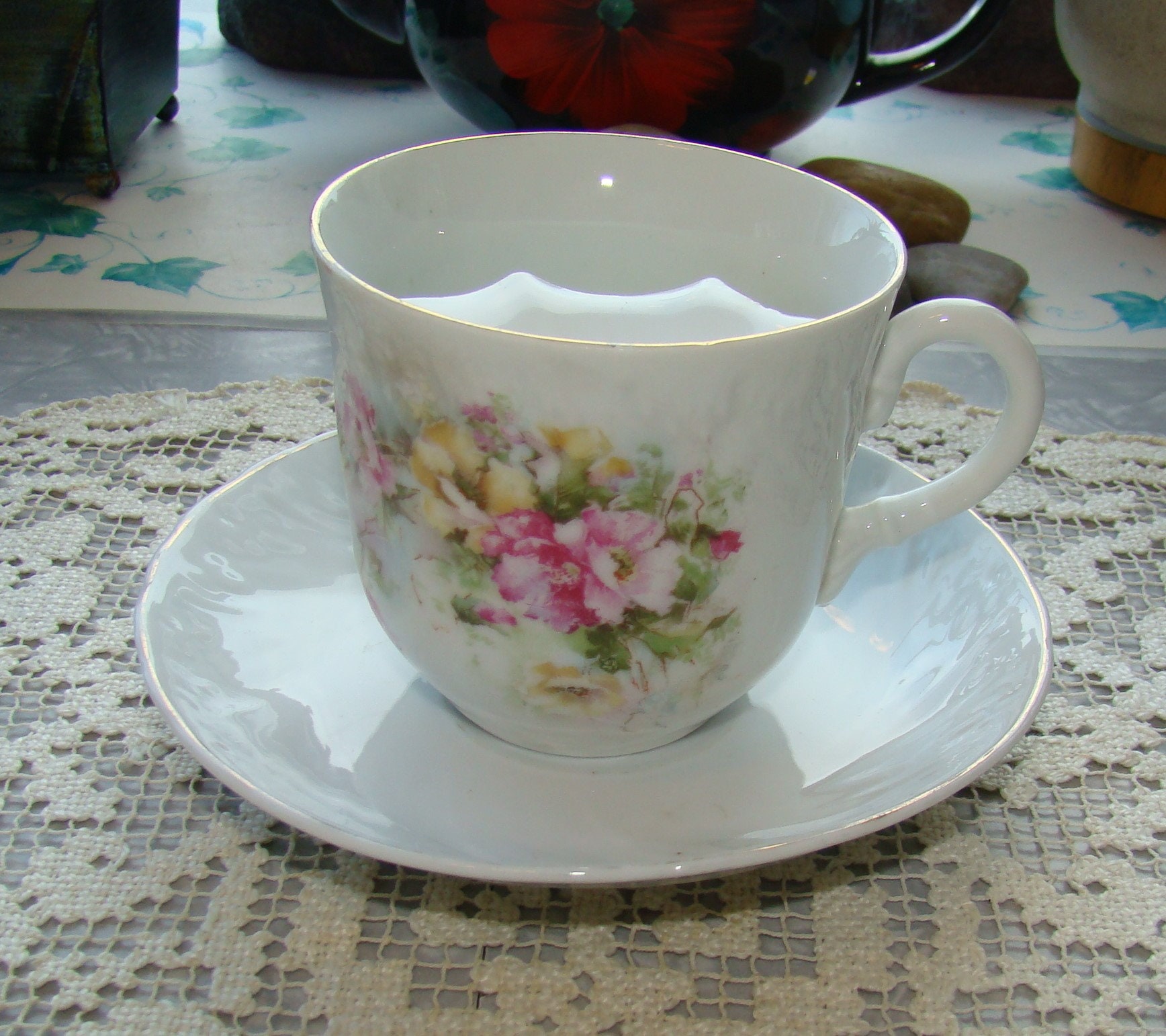 Mid 1800s Antique Mustache Tea Cup and Saucer - Embossed - Various 