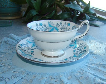 Grosvenor "Debutante" - China England - Hand Decorated Blue and Grey Leaves, Silver Trim