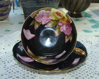 Taiyo Japan - Hand Painted - Large Pink and Yellow Rose on a Black Background