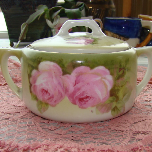 RS Tillowitz Silesia - Germany Porcelain - Antique Condiment Bowl with Lid - Pink Roses with Gold Trim