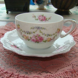 Silesia Germany - Porzellanfabrik Hermann Ohme - Porcelain Embossed - Antique Tea Cup and Saucer - Pink with Yellow Roses