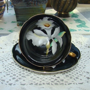 Hand Painted Made in Japan - Vintage Scalloped Tea Cup and Saucer - Black with Large White Orchid