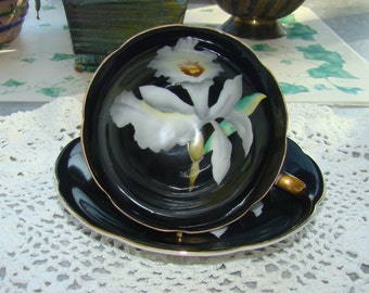 Hand Painted - Made in Japan - Black with Large White Orchid